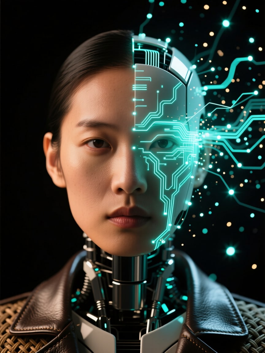 A face resolving into circuitry — a frame rendered by McLeuker AI