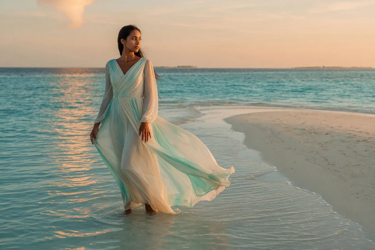 A pale sandbar at golden hour, shallow water either side
