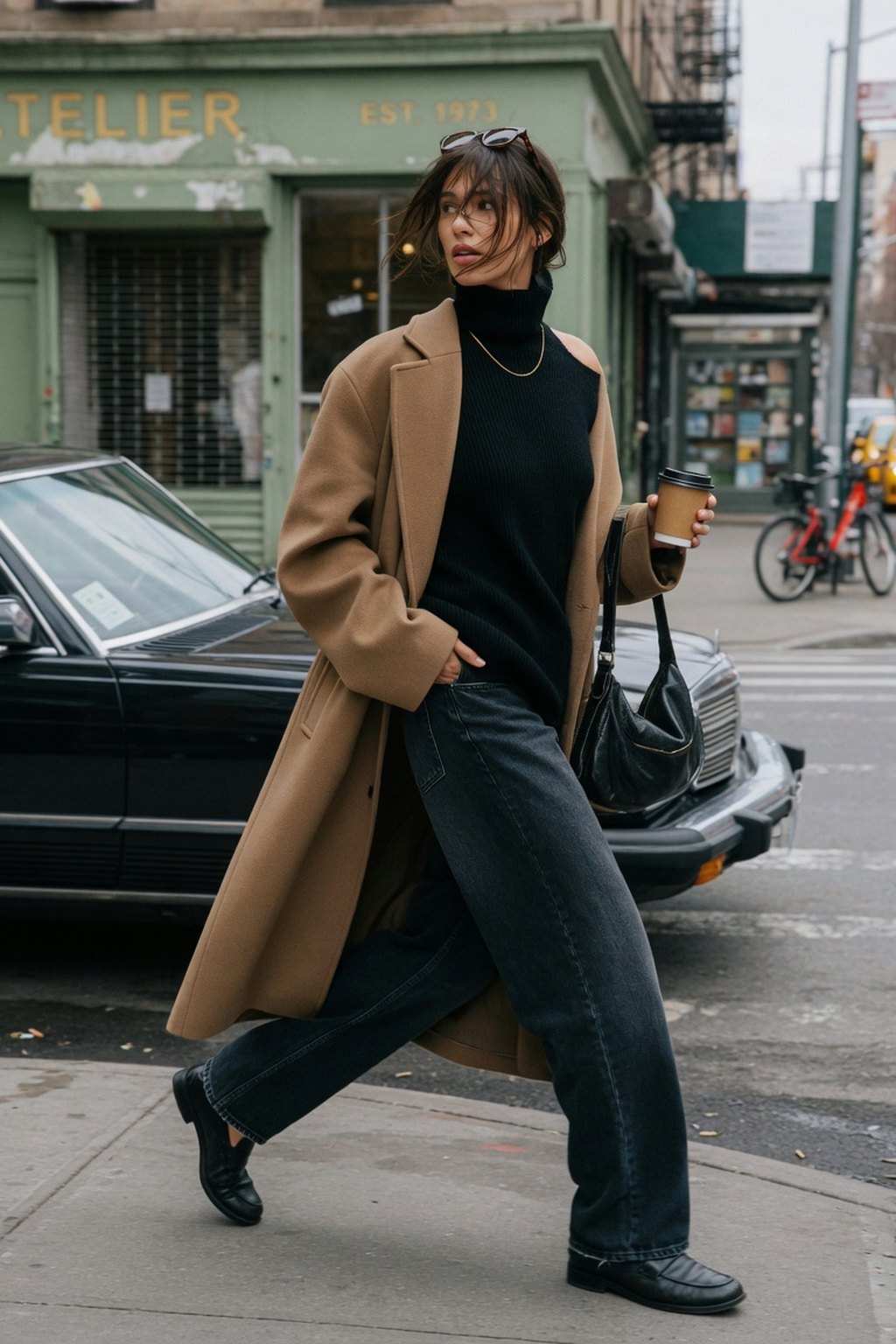 A camel coat and dark denim crossing a city street