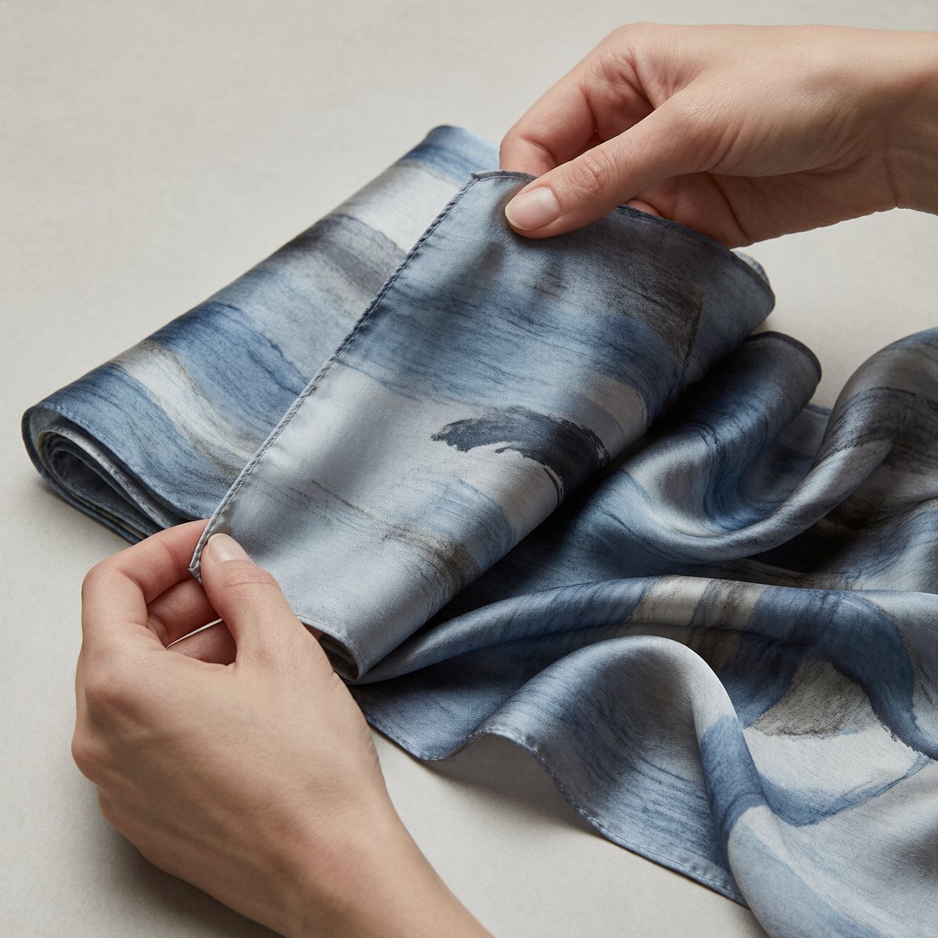 Hands opening a silk twill scarf, only the hands and the cloth in frame