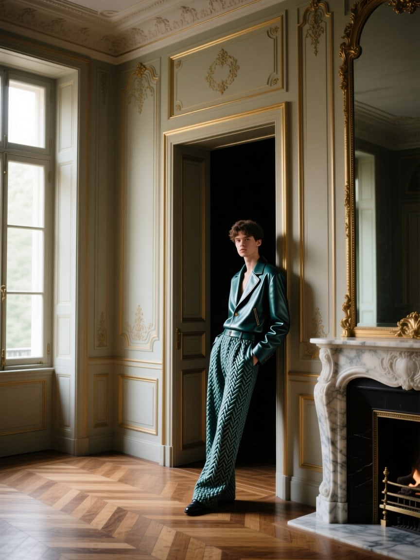 A tailored look in a salon interior, rendered by McLeuker AI