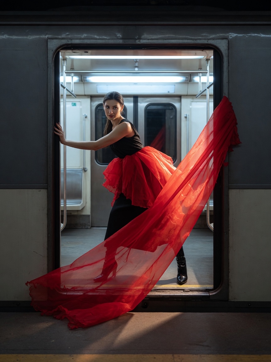 A red gown streaming out through an open train doorway