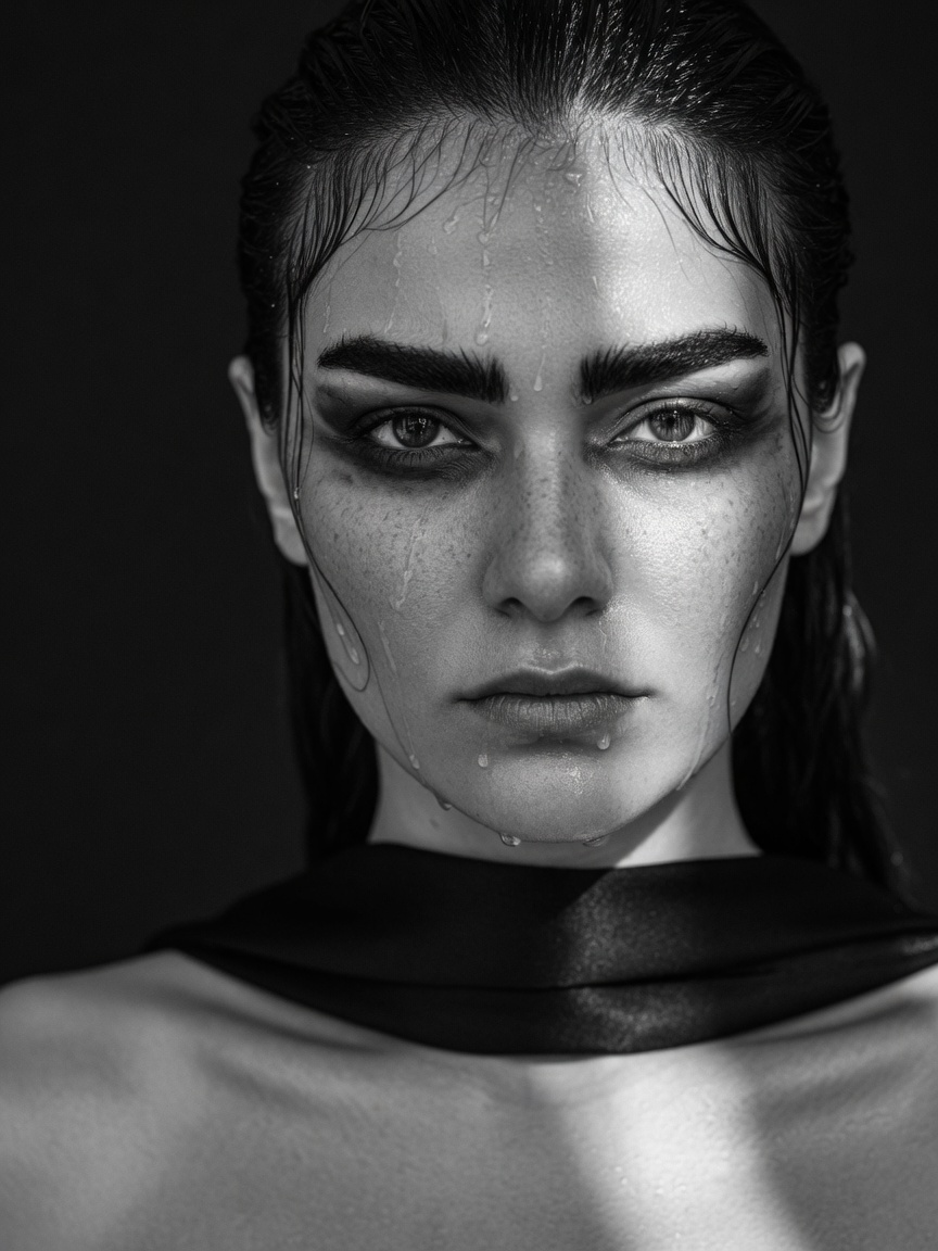 A black and white portrait, wet hair swept back, high contrast
